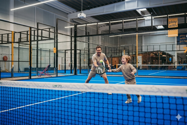 ouder en kind op padelveld